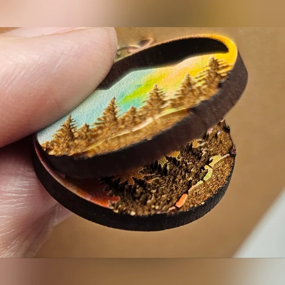 Hand Painted Sunset Mountain Trees Laser Cut Wood Dangle Earrings Round 1" - Picture 6 of 7